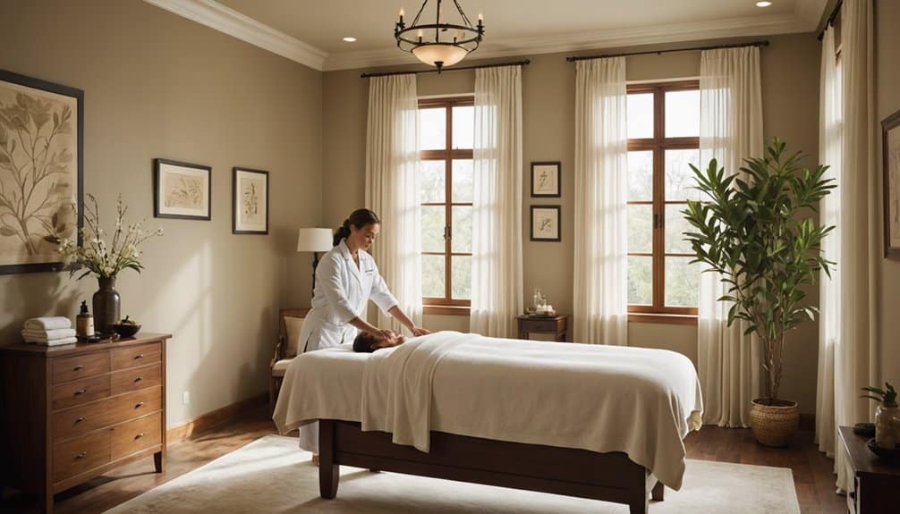 Massage therapist providing wellness treatment in a serene, well-lit massage room with natural decor and calming ambiance.