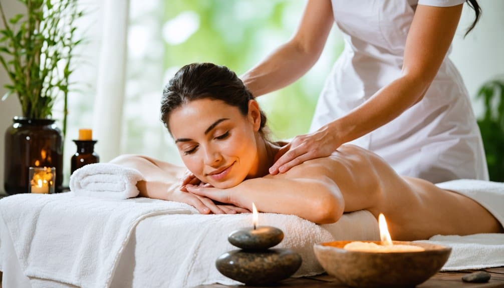 Woman receiving a therapeutic massage in a serene spa setting, enhancing relaxation and promoting emotional balance, with candles and stones in the foreground.