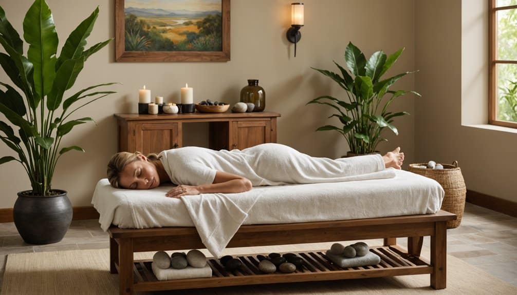 Woman receiving a wellness massage on a wooden table in a serene spa environment, surrounded by plants, candles, and natural decor, promoting relaxation and enhanced circulation.