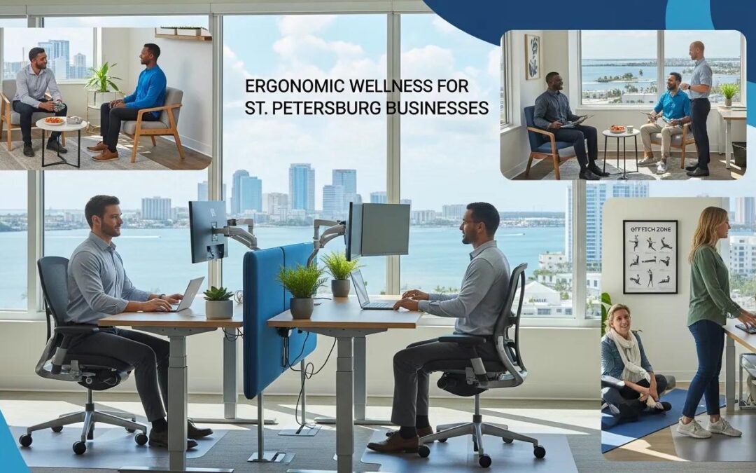Ergonomic wellness for St. Petersburg businesses, featuring diverse workspaces with individuals engaging in discussions, using computers, and practicing stretches in a modern office setting.