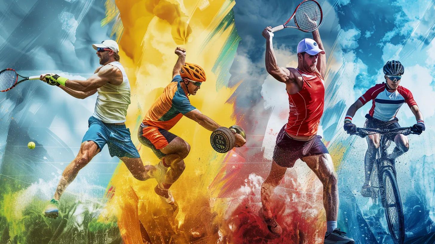 Athletes engaged in various sports: tennis player serving, cyclist lifting weights, baseball player swinging bat, and mountain biker racing, surrounded by dynamic color splashes representing energy and movement, illustrating the importance of sports recovery massage for performance enhancement at Peaceful Warriors Wellness Center.
