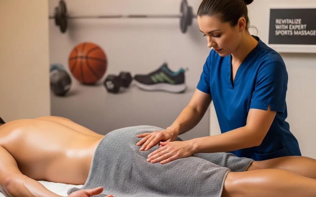 Therapist performing sports massage on a client, focusing on muscle relief, with fitness equipment in the background, promoting revitalization and recovery at Peaceful Warriors Wellness Center.