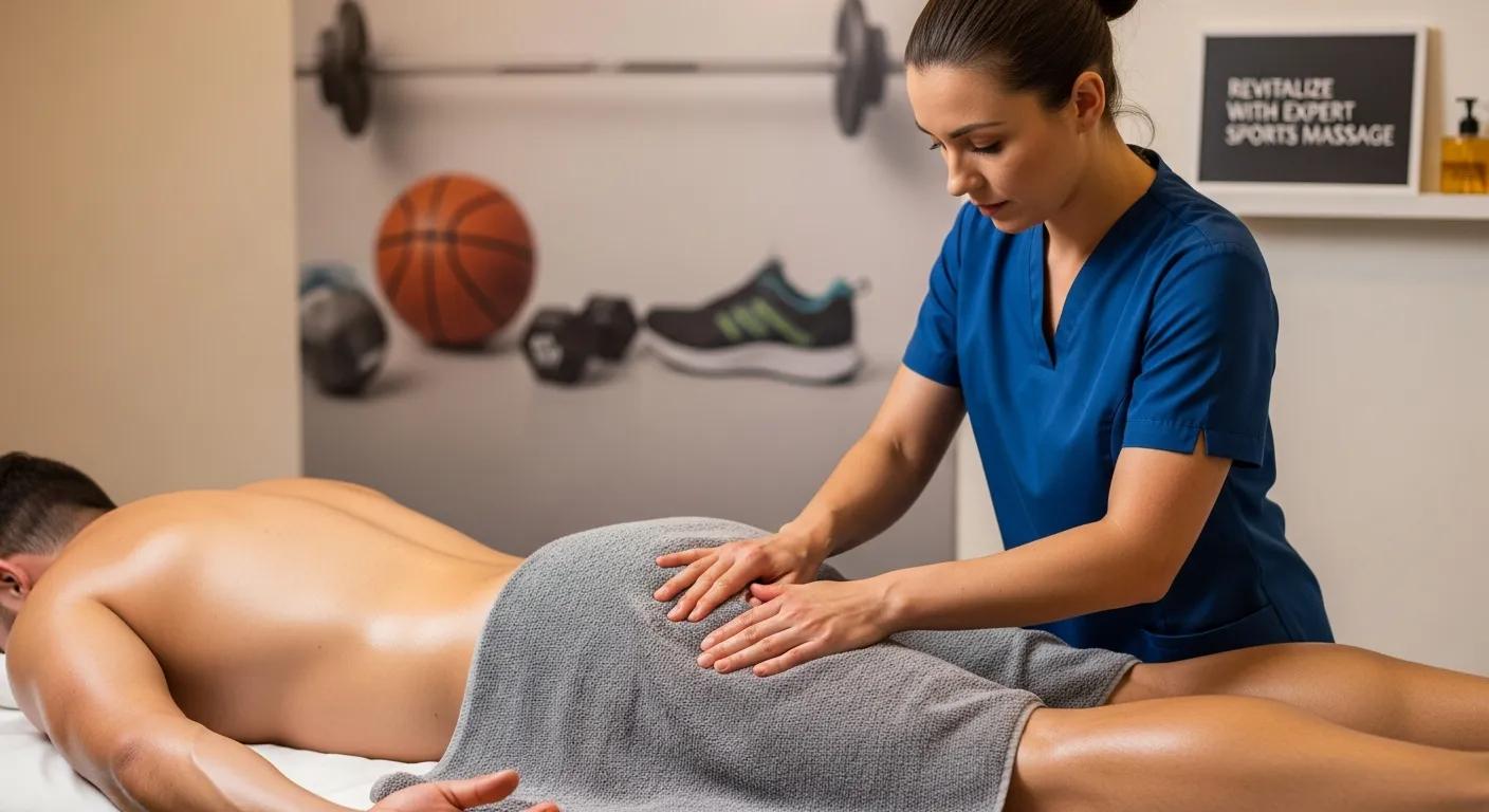 47d6870e-7894-4a35-8b7a-b9fbeba0d1d4.webp Athlete receiving therapeutic sports massage from a professional therapist in a wellness center, featuring sports equipment in the background, emphasizing recovery and performance enhancement near Tropicana Field.