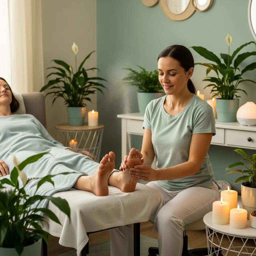 Reflexology session focusing on neck pain relief with a practitioner and client in a calming environment