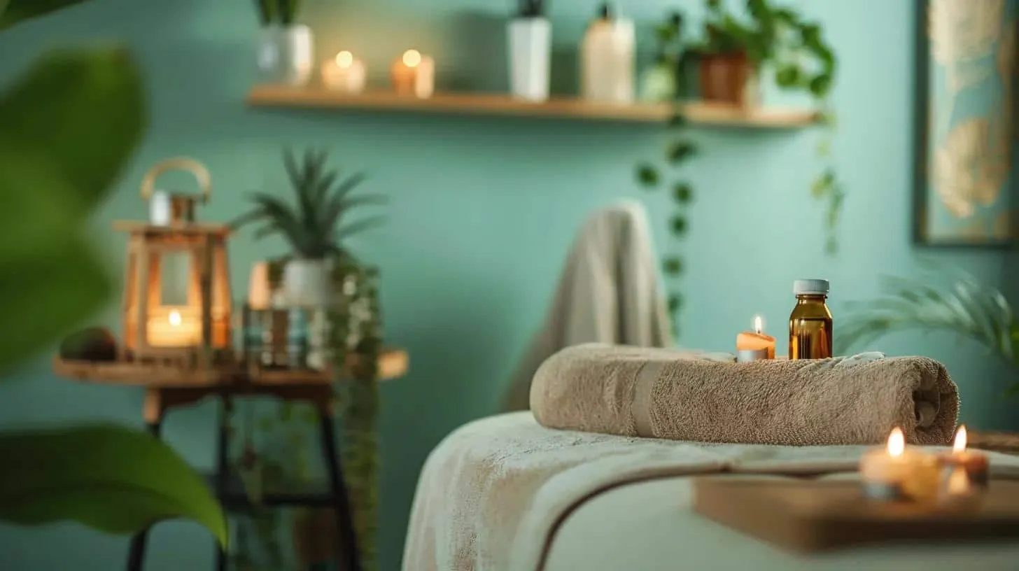 Serene spa setting with candles, plants, and a towel on a massage table.