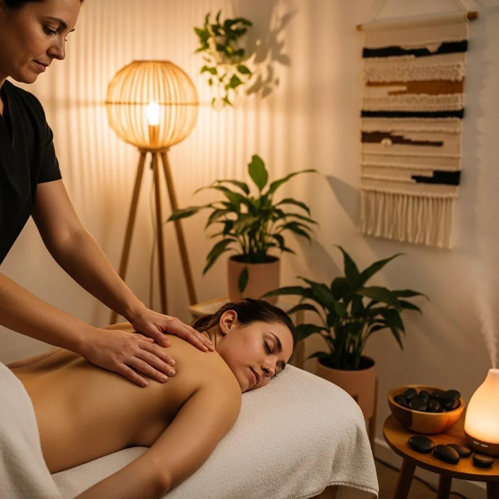 Trigger point therapy session focusing on muscle pain relief in a calming wellness environment