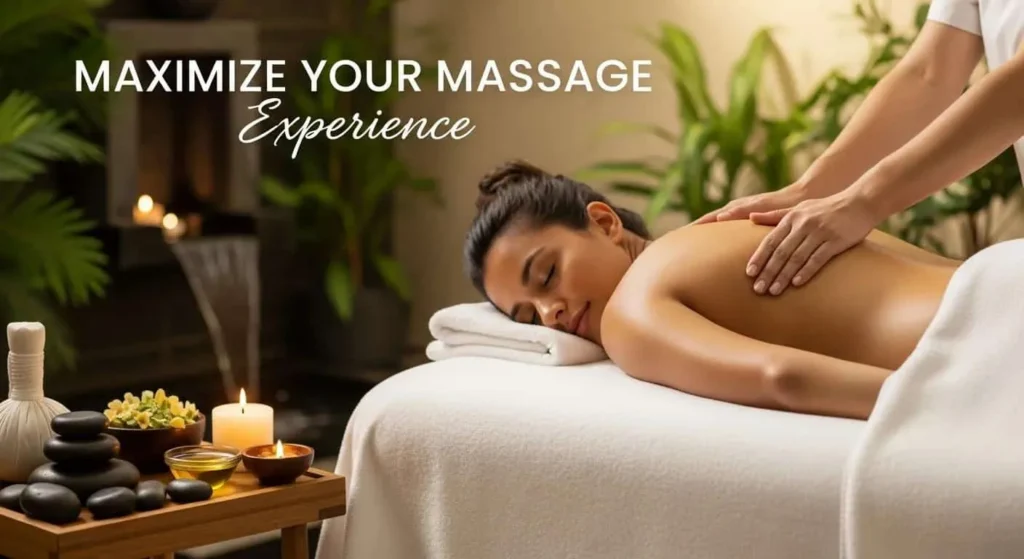 Woman receiving a massage in a serene spa setting with candles and stones.